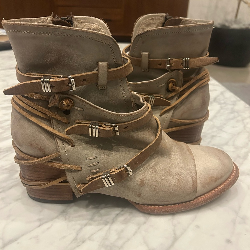 Leather Ankle Wrap Boots in Taupe